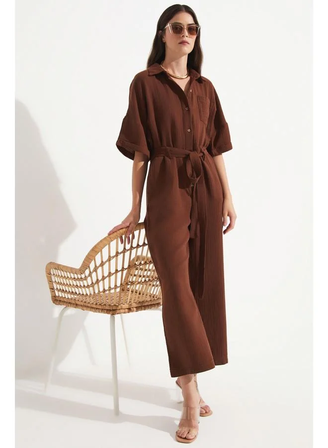 جون June Women Cotton Button Detailed Shirt Neck Jumpsuit Brown