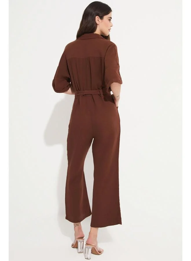 جون June Women Cotton Button Detailed Shirt Neck Jumpsuit Brown