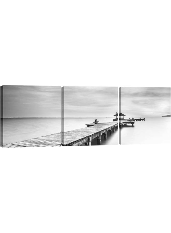 Pyradecor Large 3 Panels Black and White Peace Ocean Bridge Landscape Canvas Prints - Image 1