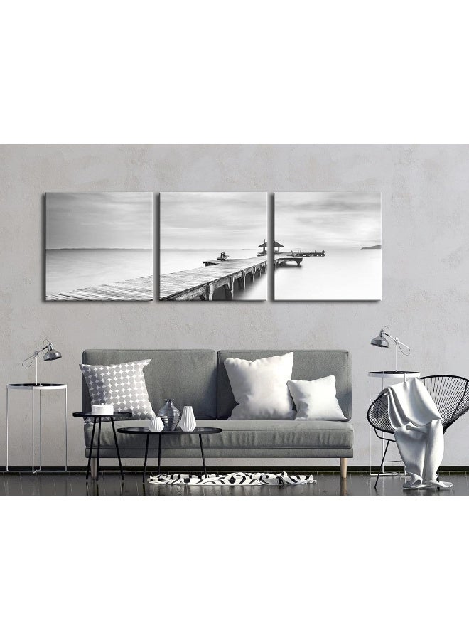 Pyradecor Large 3 Panels Black and White Peace Ocean Bridge Landscape Canvas Prints - Image 5