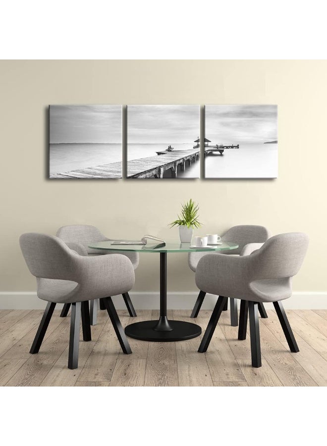 Pyradecor Large 3 Panels Black and White Peace Ocean Bridge Landscape Canvas Prints - Image 2