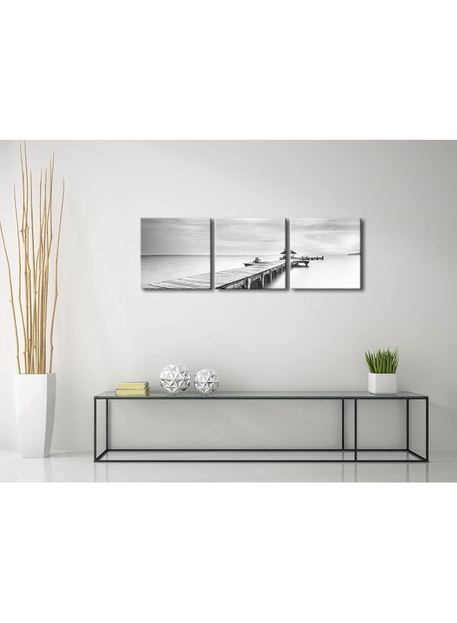 Pyradecor Large 3 Panels Black and White Peace Ocean Bridge Landscape Canvas Prints - Image 4