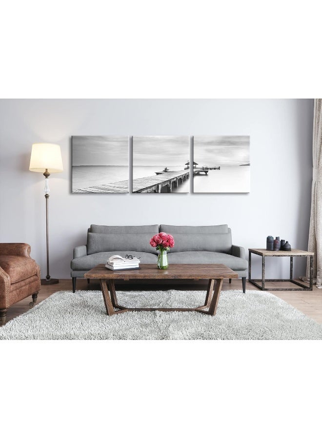 Pyradecor Large 3 Panels Black and White Peace Ocean Bridge Landscape Canvas Prints - Image 3