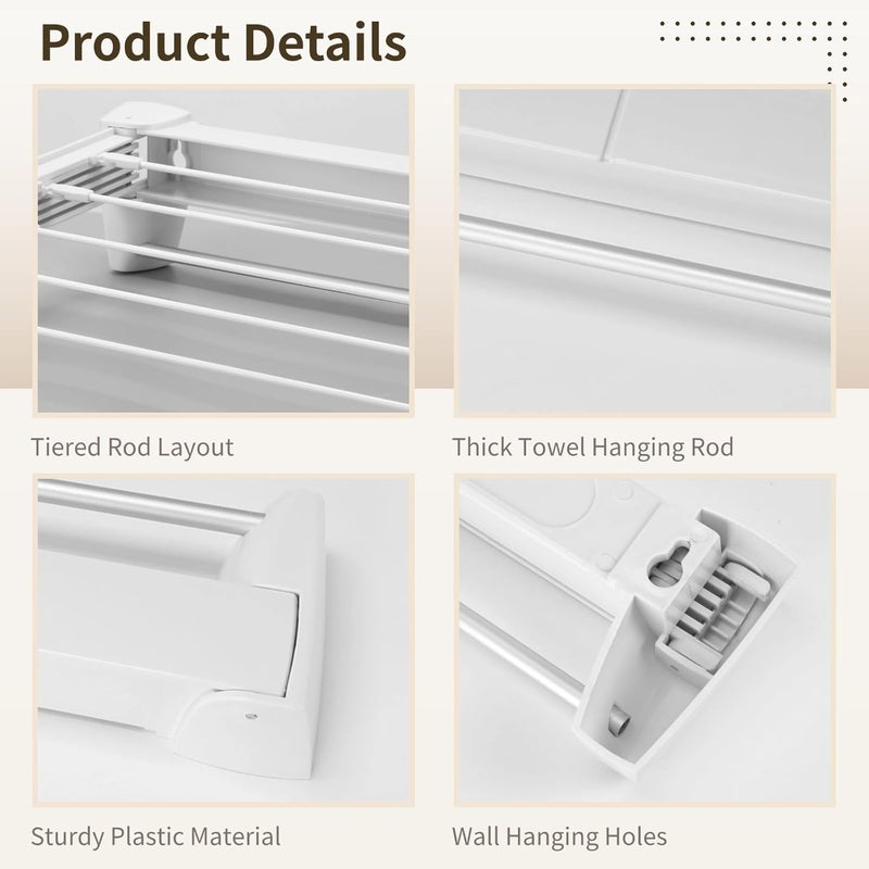 NIMBLOOM Collapsible Wall Laundry Drying Rack, Wall Mounted Plastic Clothes Dry Rack with 5 Sliding Rods 1 Fixed Towel Bar, Space-Saving Foldable Laundry Hanger for Indoor Balcony Small Spaces - Image 3