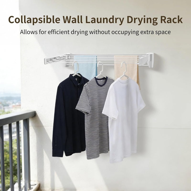 NIMBLOOM Collapsible Wall Laundry Drying Rack, Wall Mounted Plastic Clothes Dry Rack with 5 Sliding Rods 1 Fixed Towel Bar, Space-Saving Foldable Laundry Hanger for Indoor Balcony Small Spaces - Image 2