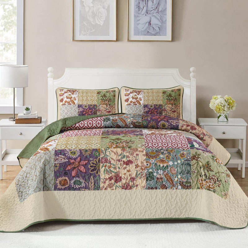 DJY Patchwork Quilt Set King Size, Bohemian Floral Bedspread Green & Beige Coverlet Set, Rustic Boho Quilted Bedding Set, Soft Microfiber Vintage Patchwork Bed Cover for All Season 110''x90'' - Image 1