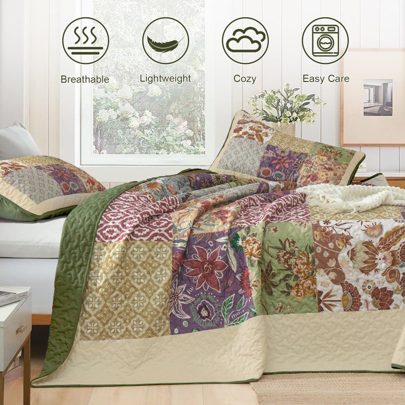 DJY Patchwork Quilt Set King Size, Bohemian Floral Bedspread Green & Beige Coverlet Set, Rustic Boho Quilted Bedding Set, Soft Microfiber Vintage Patchwork Bed Cover for All Season 110''x90'' - Image 3