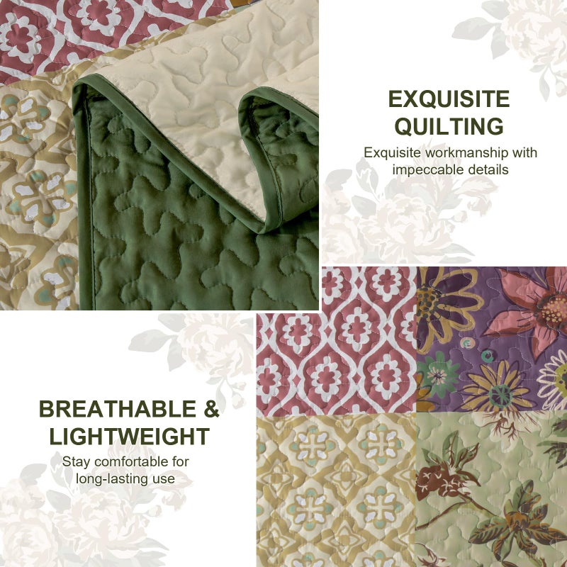 DJY Patchwork Quilt Set King Size, Bohemian Floral Bedspread Green & Beige Coverlet Set, Rustic Boho Quilted Bedding Set, Soft Microfiber Vintage Patchwork Bed Cover for All Season 110''x90'' - Image 5