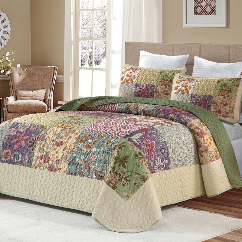DJY Patchwork Quilt Set King Size, Bohemian Floral Bedspread Green & Beige Coverlet Set, Rustic Boho Quilted Bedding Set, Soft Microfiber Vintage Patchwork Bed Cover for All Season 110''x90'' - Image 2