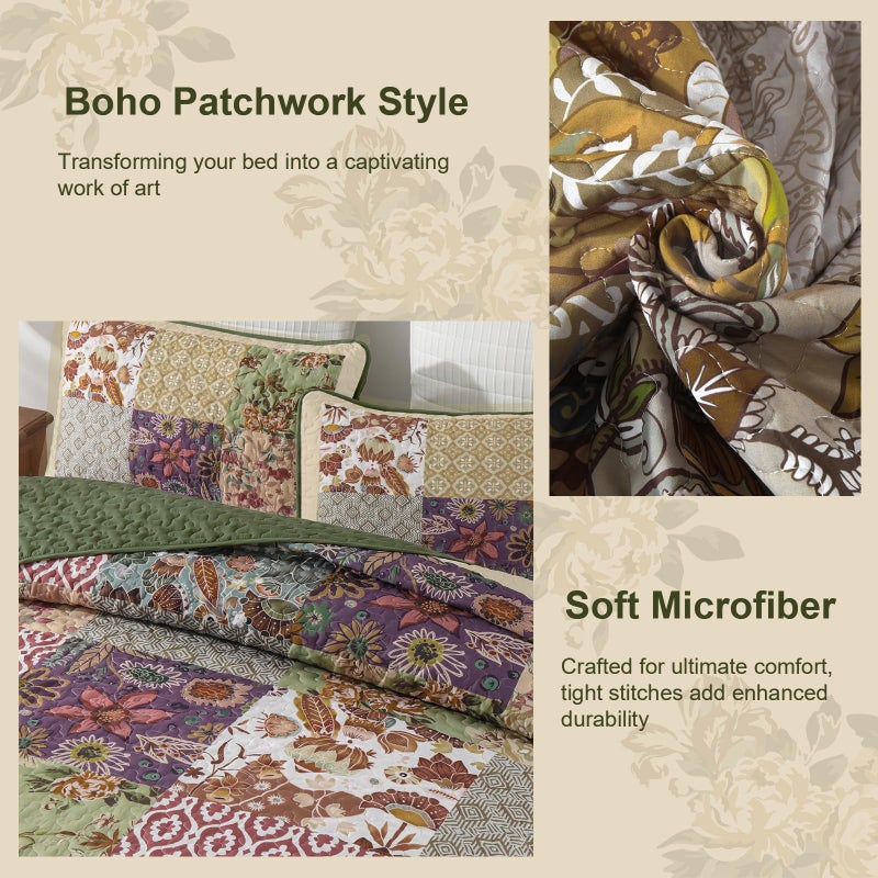 DJY Patchwork Quilt Set King Size, Bohemian Floral Bedspread Green & Beige Coverlet Set, Rustic Boho Quilted Bedding Set, Soft Microfiber Vintage Patchwork Bed Cover for All Season 110''x90'' - Image 4