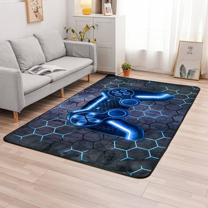 GAME CONSOLE AREA RUG FOR BEDROOM SOFA PLAYROOM GAMING GEOMETRIC BEDSIDE RUGS GAMER DECORATIVE FLOOR MAT CARPET 5X8 FEET BLUE