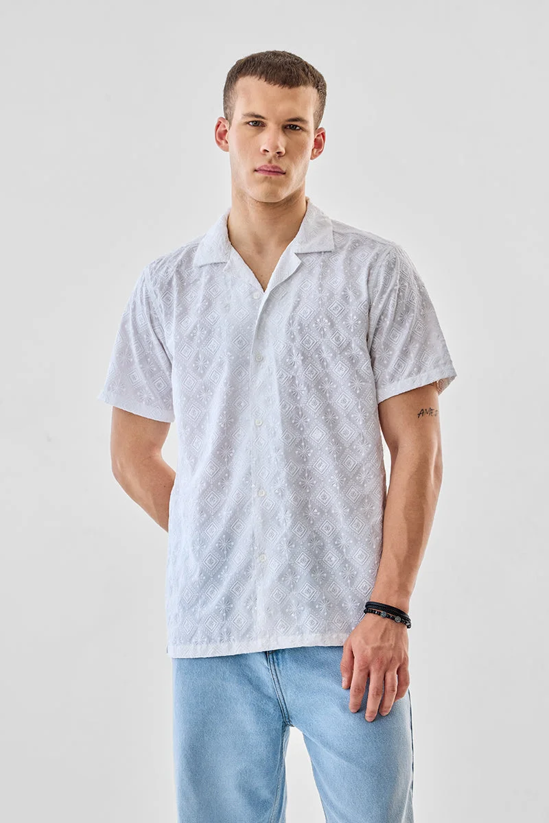 SNITCH White Embroidered Half Sleeve Boxy Shirt