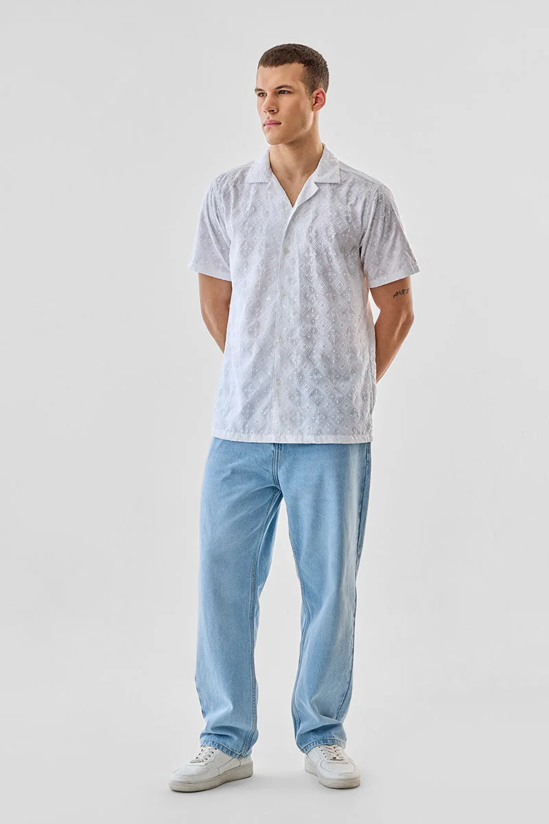 SNITCH White Embroidered Half Sleeve Boxy Shirt