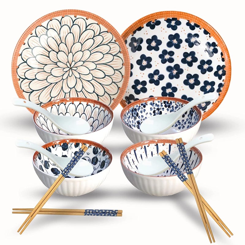 P-PLUS INTERNATIONAL Porcelain Dinner Set with 4 Soup Bowls | 4 Soup Spoons | 4 Chopsticks | 2 Plates | Microwave Safe | for Lunch, Dinner, Festive Gifts (14 pcs) - Image 1