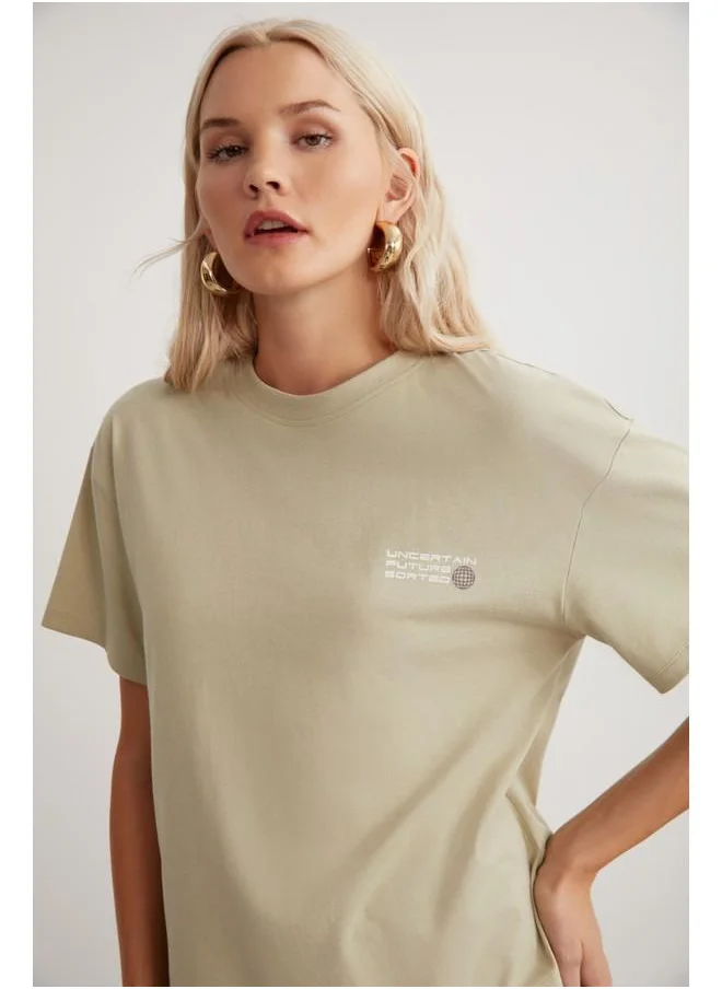 GRIMELANGE Grimelange Cherish Women's Cotton Crew Neck Short Sleeve Printed Light Khaki T-Shirt