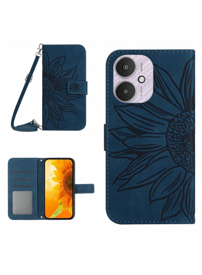 جرين تايجر حافظة هاتف جلدية قابلة للطي منقوشة بزهرة الشمس لهاتف Xiaomi Redmi 13C 5G مع حبل (أزرق داكن)