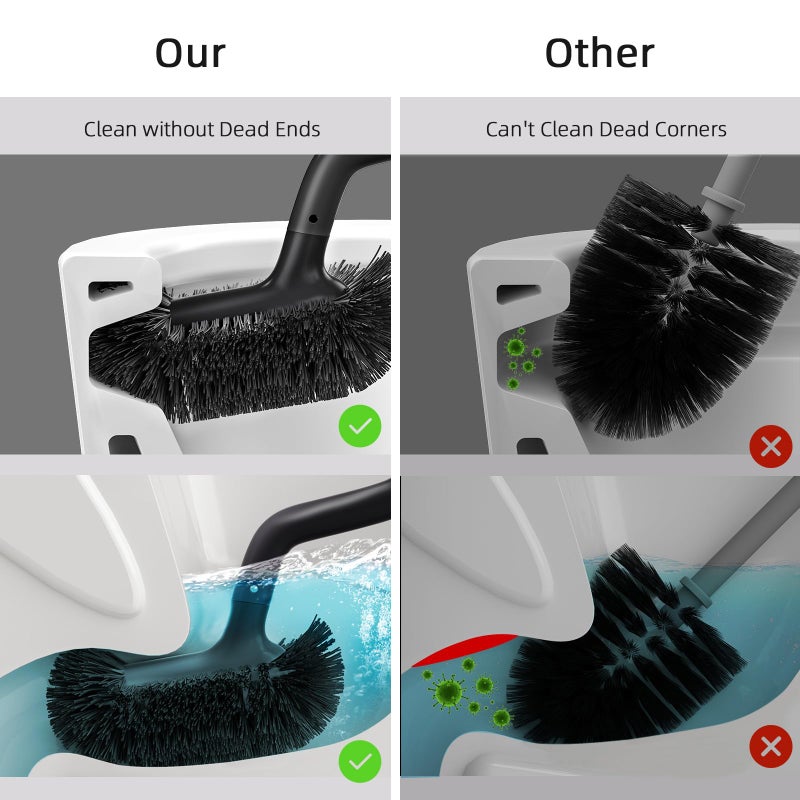HAMITOR Toilet Bowl Brush Holder Set: Bathroom Deep Cleaning Toilet Cleaner Scrubber Under Rim with Curved Bristle for Dead Corner Clean - Hidden Rv Toilet Decorative Accessories with Caddy- Black - Image 3