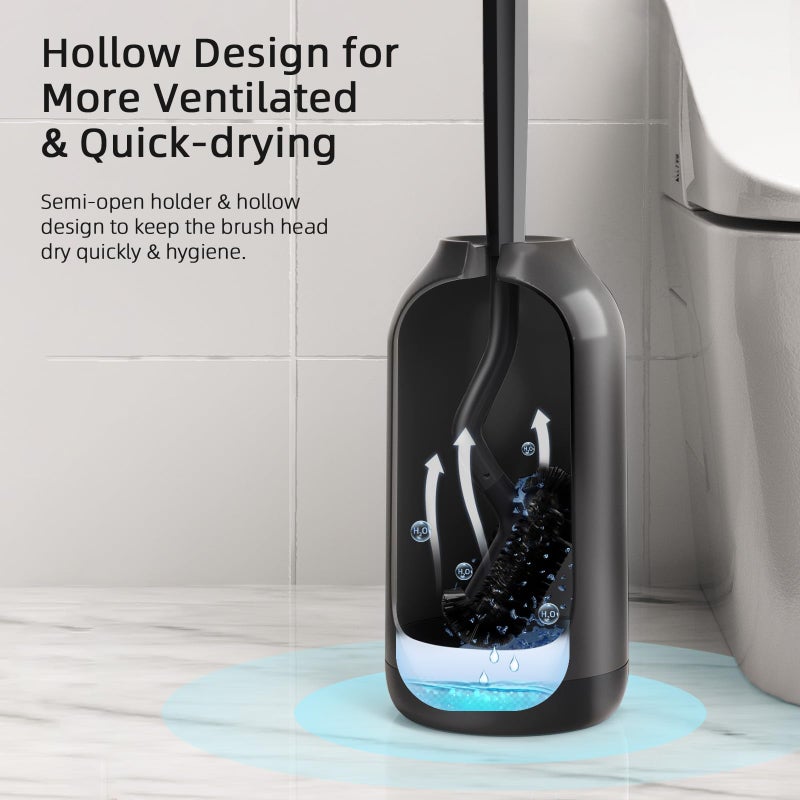 HAMITOR Toilet Bowl Brush Holder Set: Bathroom Deep Cleaning Toilet Cleaner Scrubber Under Rim with Curved Bristle for Dead Corner Clean - Hidden Rv Toilet Decorative Accessories with Caddy- Black - Image 4
