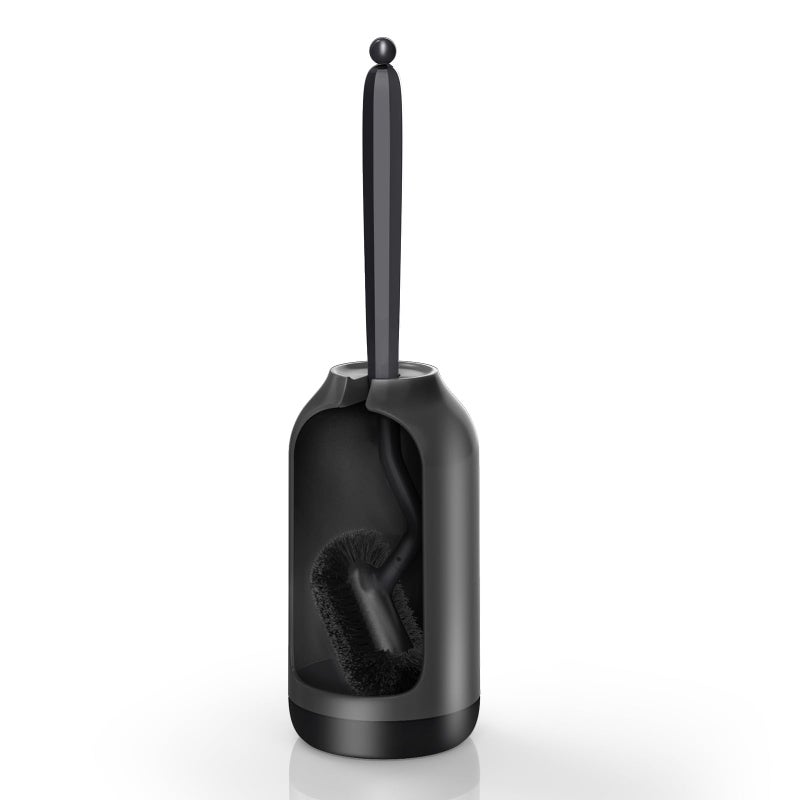 HAMITOR Toilet Bowl Brush Holder Set: Bathroom Deep Cleaning Toilet Cleaner Scrubber Under Rim with Curved Bristle for Dead Corner Clean - Hidden Rv Toilet Decorative Accessories with Caddy- Black - Image 1
