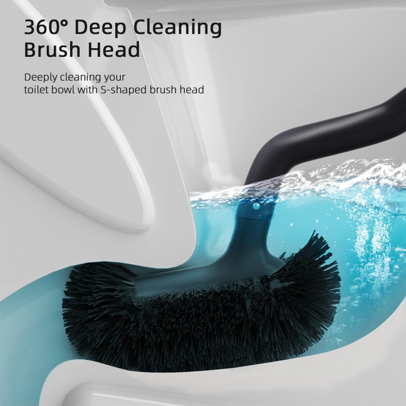 HAMITOR Toilet Bowl Brush Holder Set: Bathroom Deep Cleaning Toilet Cleaner Scrubber Under Rim with Curved Bristle for Dead Corner Clean - Hidden Rv Toilet Decorative Accessories with Caddy- Black - Image 2