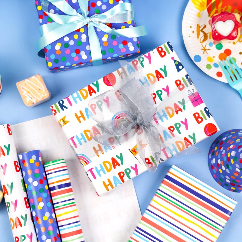 MAYPLUSS Birthday Wrapping Paper Roll - Mini Roll - 17 inch X 120 inch Per roll - Polka dots, Stripes Patterns (42.3 sq.ft.ttl) - Image 2