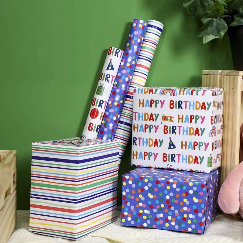 MAYPLUSS Birthday Wrapping Paper Roll - Mini Roll - 17 inch X 120 inch Per roll - Polka dots, Stripes Patterns (42.3 sq.ft.ttl) - Image 5