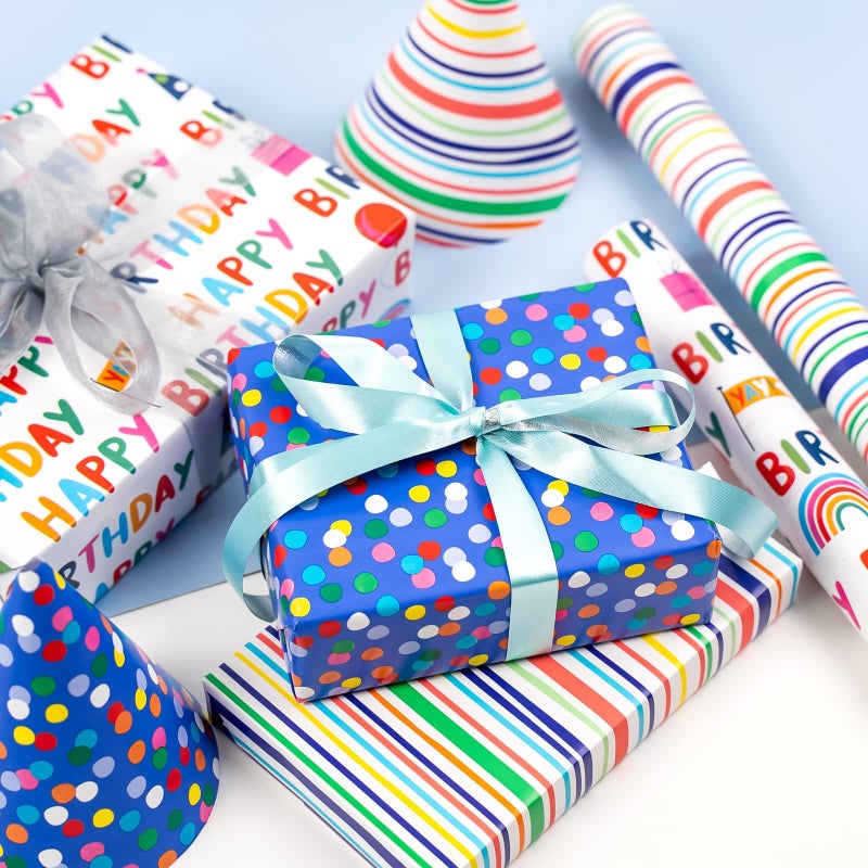 MAYPLUSS Birthday Wrapping Paper Roll - Mini Roll - 17 inch X 120 inch Per roll - Polka dots, Stripes Patterns (42.3 sq.ft.ttl) - Image 4