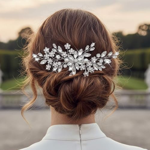Unsutuo Crystal Bride Wedding Hair Comb Silver Rhinestone Flower Bridal Hair Pieces Pearl Wedding Hair Accessories for Women and Girls(Silver) - Image 4