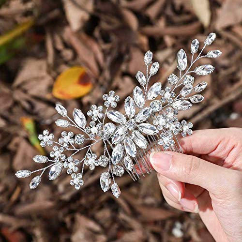 Unsutuo Crystal Bride Wedding Hair Comb Silver Rhinestone Flower Bridal Hair Pieces Pearl Wedding Hair Accessories for Women and Girls(Silver) - Image 1
