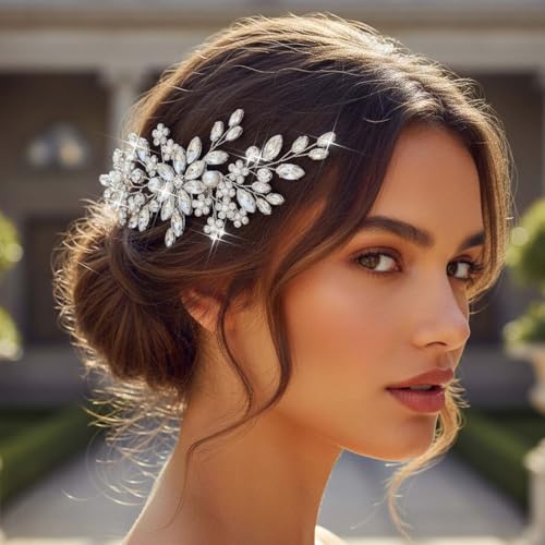 Unsutuo Crystal Bride Wedding Hair Comb Silver Rhinestone Flower Bridal Hair Pieces Pearl Wedding Hair Accessories for Women and Girls(Silver) - Image 2