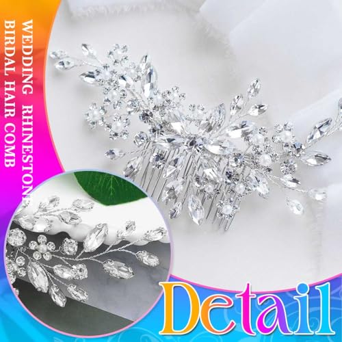 Unsutuo Crystal Bride Wedding Hair Comb Silver Rhinestone Flower Bridal Hair Pieces Pearl Wedding Hair Accessories for Women and Girls(Silver) - Image 3