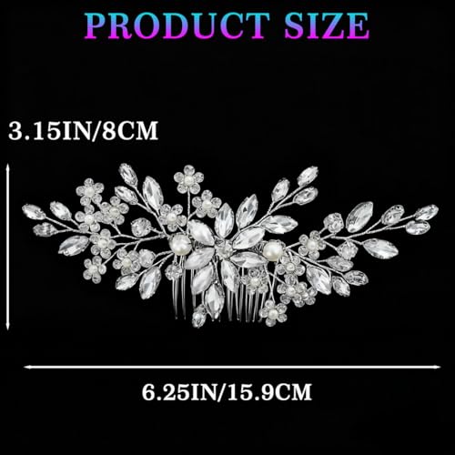 Unsutuo Crystal Bride Wedding Hair Comb Silver Rhinestone Flower Bridal Hair Pieces Pearl Wedding Hair Accessories for Women and Girls(Silver) - Image 5