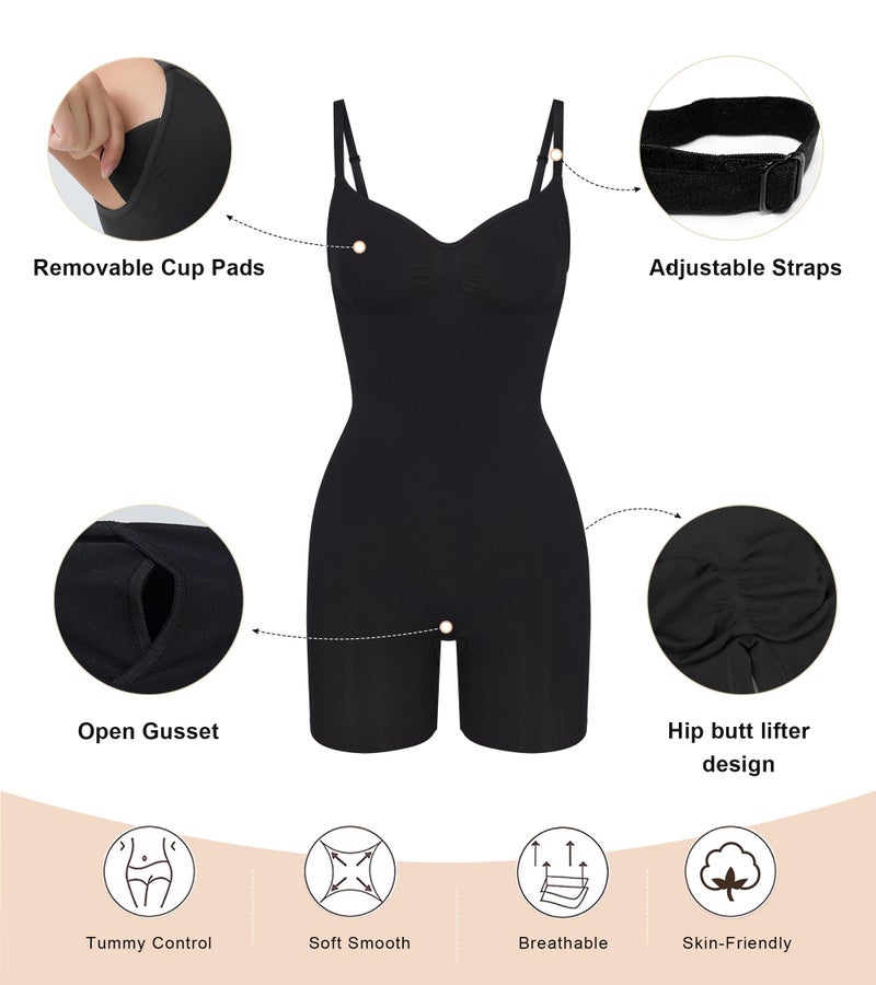 SHAPERX شيبيركس بدلة تشكيل الجسم النسائية للتحكم في البطن مع وسادات قابلة للإزالة، تصميم سلس، شكل الجسم حتى منتصف الفخذ، SZ5468-أسود-S/M - Image 4