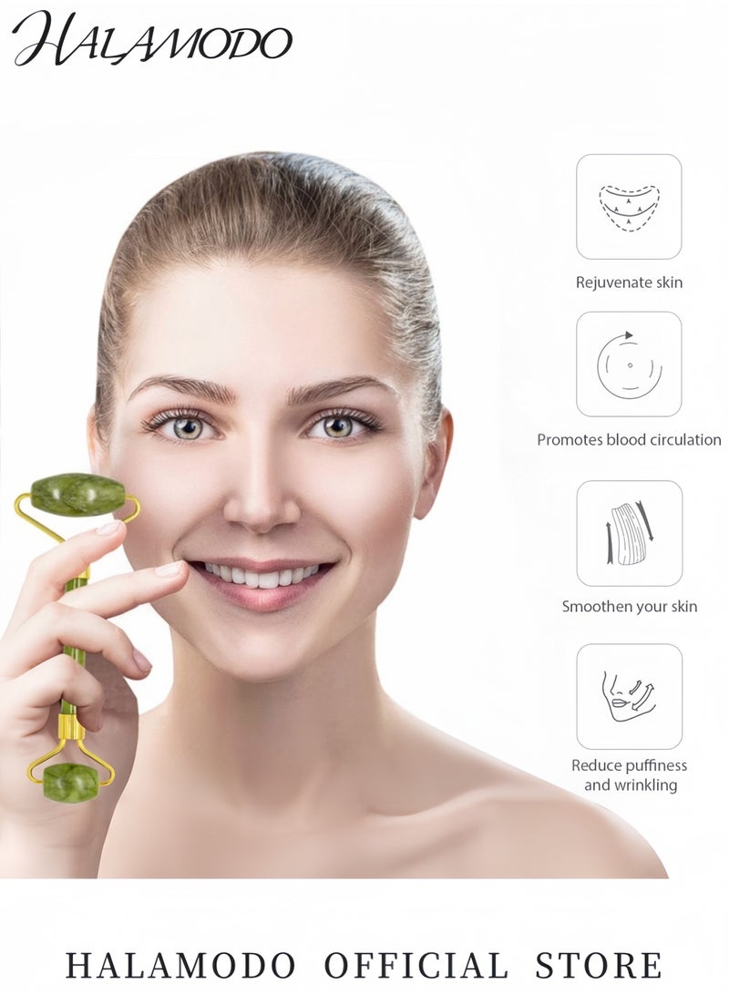 هالامودو جهاز تدليك الوجه الأسطواني رولر الجاد الأداة المستخدمة لتدليك الوجه لمكافحة الشيخوخة والتجاعيد وتجديد البشرة حجر الجاد الطبيعي للعناية بالوجه والجسم والعين - Image 2