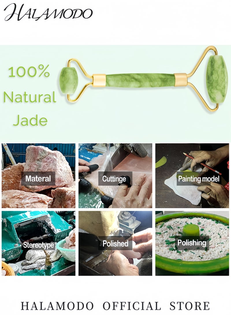 هالامودو جهاز تدليك الوجه الأسطواني رولر الجاد الأداة المستخدمة لتدليك الوجه لمكافحة الشيخوخة والتجاعيد وتجديد البشرة حجر الجاد الطبيعي للعناية بالوجه والجسم والعين - Image 3