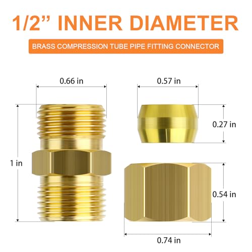 GASHER 10PCS Brass Compression Tube Pipe Fitting Connector 12 Tube OD x 12 Tube OD Connector - Image 3