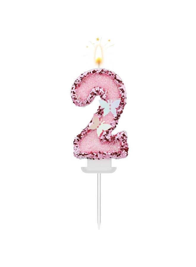 LAMAY Birthday Number Candles, Glitter Number Candles Pink Butterfly Birthday Candles Cake Topper with Sequins for Anniversary Celebrations Supplies (Number 2) - Image 1
