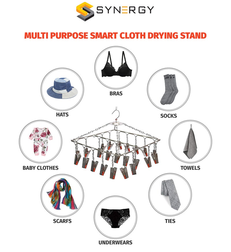 Synergy 25 Clips Stainless Steel Heavy Duty Square Cloth Hanger/Clothes Stand for Drying/Clothes Drying Stand/Hanger with Clips/Baby Clothes Dryer/Undergarments Hanger (SY-CS13) - Image 4