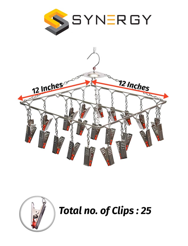Synergy 25 Clips Stainless Steel Heavy Duty Square Cloth Hanger/Clothes Stand for Drying/Clothes Drying Stand/Hanger with Clips/Baby Clothes Dryer/Undergarments Hanger (SY-CS13) - Image 2