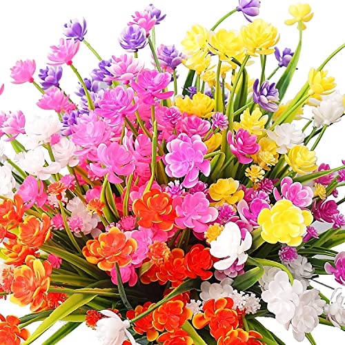 nuoshen 12 Bundles of 6 Colors Artificial Flowers Outdoor UV Resistant Fake Flowers Plastic Greenery Shrubs Indoor Outside Hanging Planter Home Kitchen Office Wedding Garden Decor