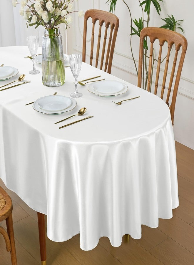 Cobedzy White Satin Oval Tablecloth 60 x 84 Inch for 6-8 Seats, Washable & Wrinkle Resistant Stain Resistant Fabric Table Cover for Wedding, Banquet, Party, Dining, Kitchen, Indoor Outdoor Use - Image 1