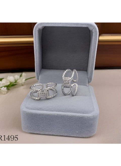 Platinum & Rhodium Plated Women’s Ring – Geometric Chain Style with Zircon Stones