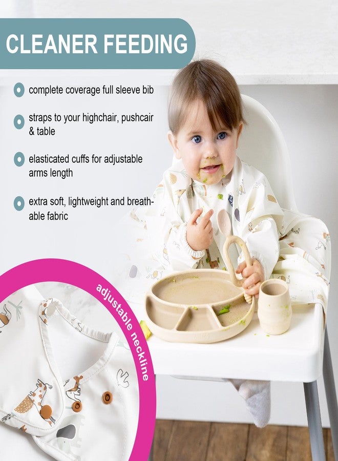 BIBaDO Waterproof Weaning Bib with Sleeves for Babies | Stain-Resistant Coverall Feeding Bib - Spaghetti Cartoon Print, White | 6-36 Months - Image 4