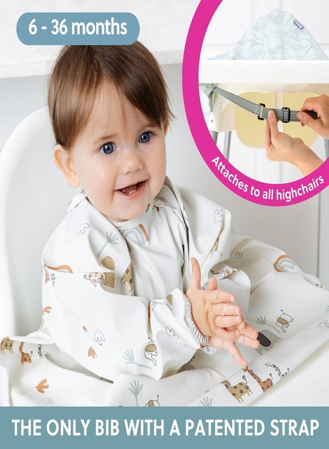 BIBaDO Waterproof Weaning Bib with Sleeves for Babies | Stain-Resistant Coverall Feeding Bib - Spaghetti Cartoon Print, White | 6-36 Months - Image 2