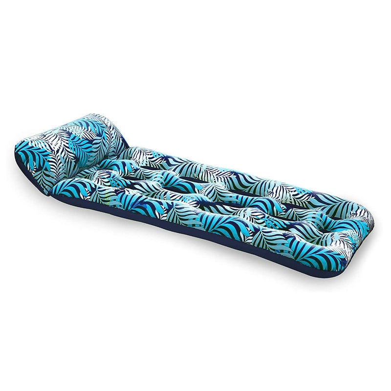 Aqua 18-Pocket Inflatable Contour Lounge, Luxury Fabric, Suntanner Pool Float, Heavy Duty, Blue Ferns - Image 1
