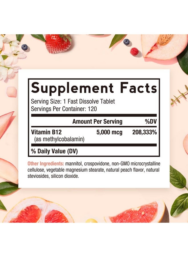 Doctor's Recipes Vitamin B12 Sublingual, Methylcobalamin 5000 mcg 120 Fast Dissolve Tablets, Natural Peach Flavor, Vegan Methyl, Energy Metabolism & Nervous System - Image 2