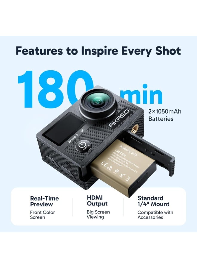 أكاسو كاميرا أكاسو بريف 4 الرياضية، فيديو فائق الوضوح 4K بمعدل 30 إطارًا في الثانية، صور بدقة 20 ميجابكسل، مثبت صورة إلكتروني، تحكم عن بعد عبر الواي فاي، بطاريتان، كاميرا مقاومة للماء للاستخدام تحت الماء، مثالية للغطس، السفر، ركوب الدراجات النارية، ركوب الدراجات الهوائية، ومجموعة ملحقات الخوذة. - Image 4