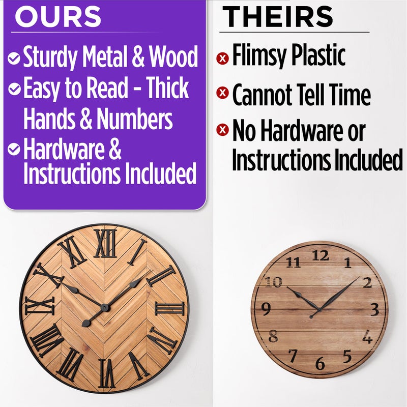 HB Design Co. Large Wall Clock 24" Round - Silent Metal & Wood Large Farmhouse Wall Clock For Living Room Decor with 3D Roman Numerals - No Ticking - Noiseless Big Wood Decorative Clocks for Living Room Decor - Image 5