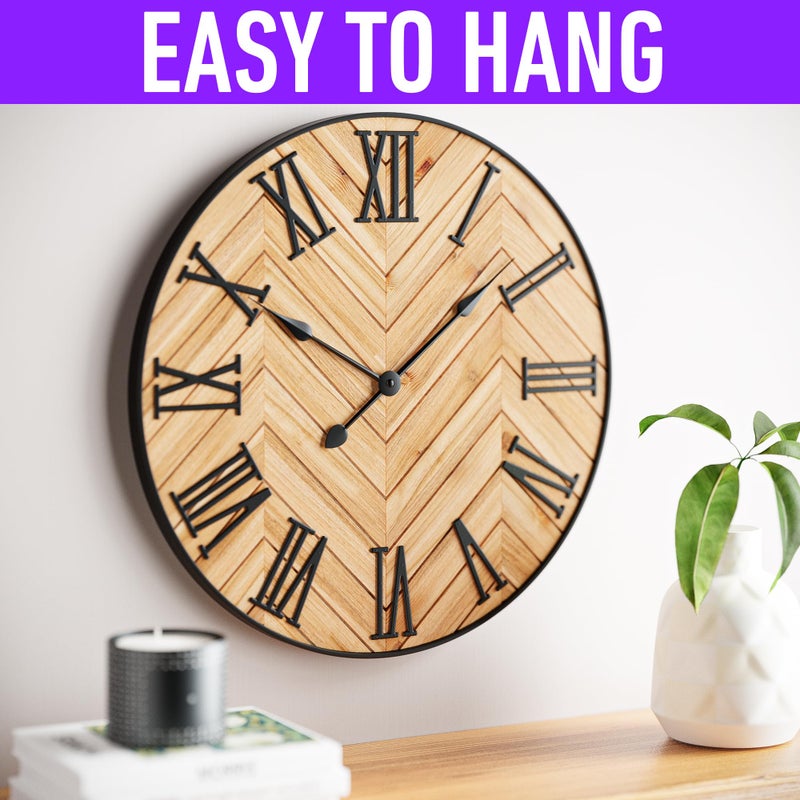 HB Design Co. Large Wall Clock 24" Round - Silent Metal & Wood Large Farmhouse Wall Clock For Living Room Decor with 3D Roman Numerals - No Ticking - Noiseless Big Wood Decorative Clocks for Living Room Decor - Image 4