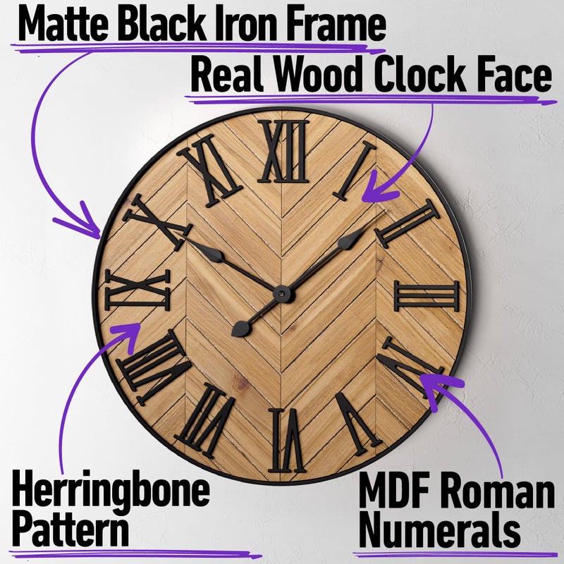 HB Design Co. Large Wall Clock 24" Round - Silent Metal & Wood Large Farmhouse Wall Clock For Living Room Decor with 3D Roman Numerals - No Ticking - Noiseless Big Wood Decorative Clocks for Living Room Decor - Image 2